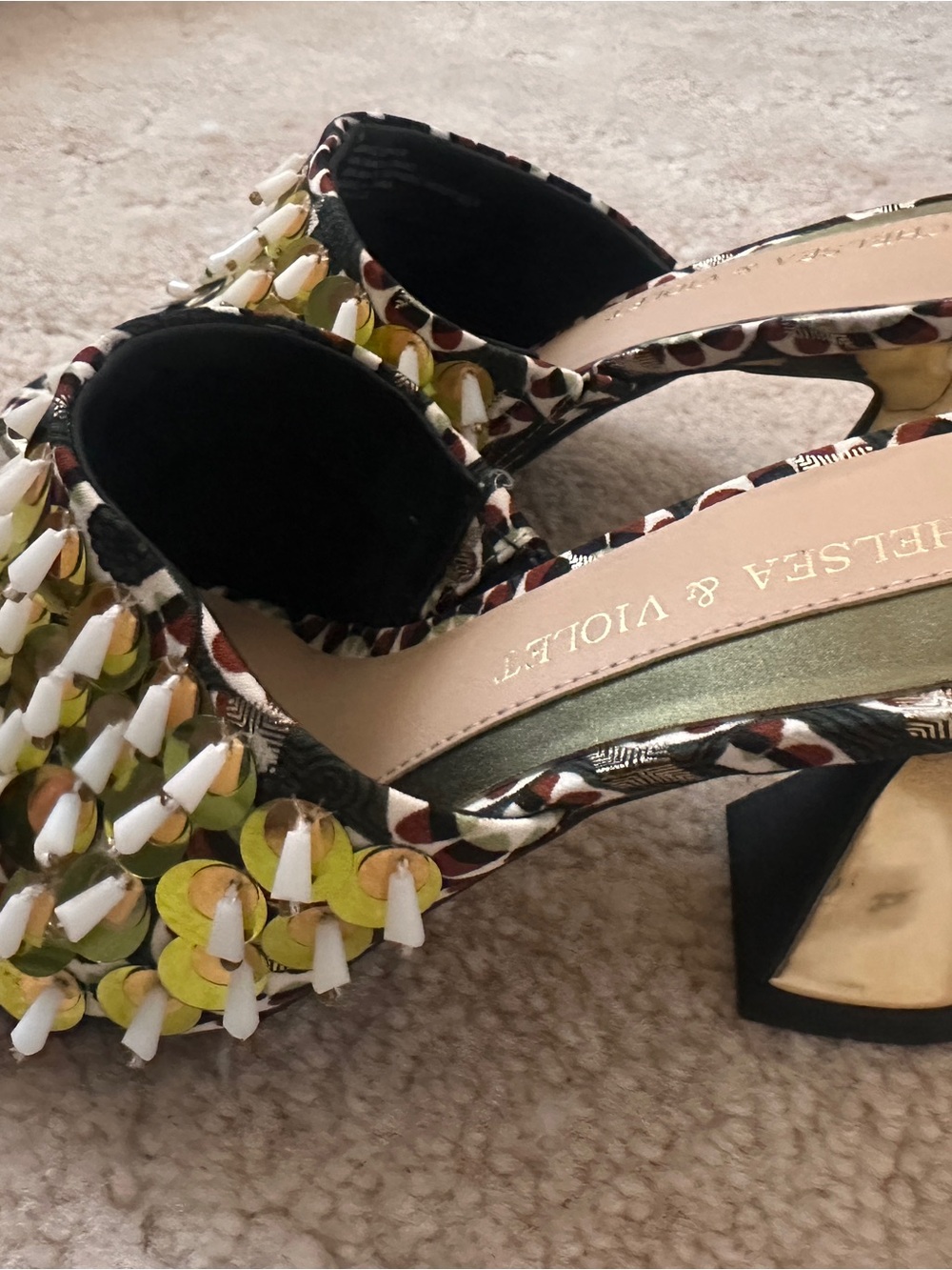 Chelsea & Violet Gold Sequin and White Bead Slide Mules NEW 6 - Picture 8 of 9